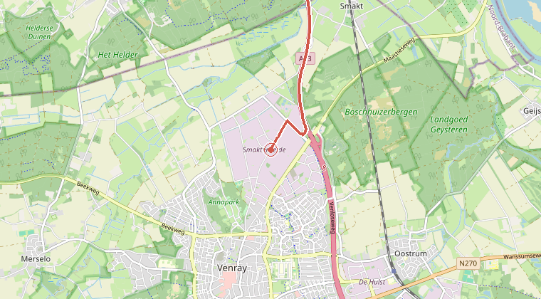 Kaart van de omgeving van de melding, met de kazerne die is gealarmeerd