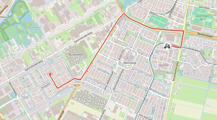Kaart van de omgeving van de melding, met de kazerne die is gealarmeerd