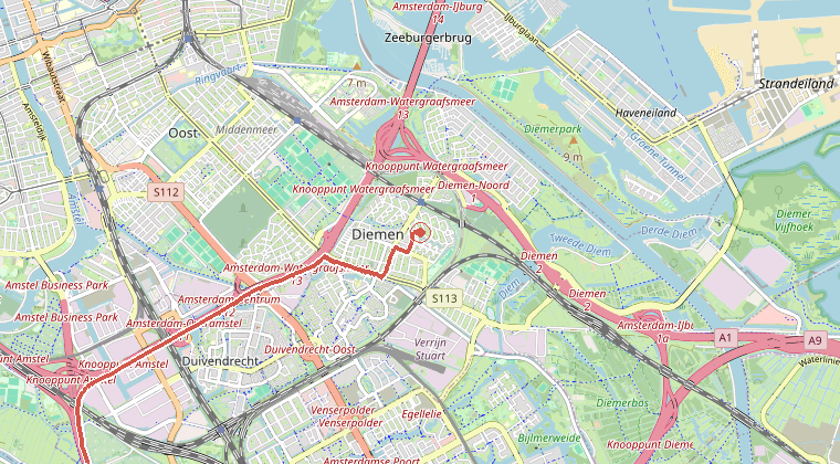 Kaart van de omgeving van de melding, met de kazerne die is gealarmeerd