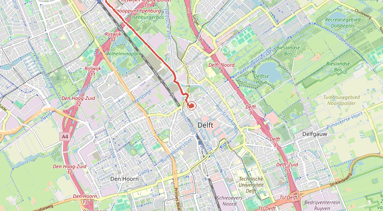 Kaart van de omgeving van de melding, met de kazerne die is gealarmeerd