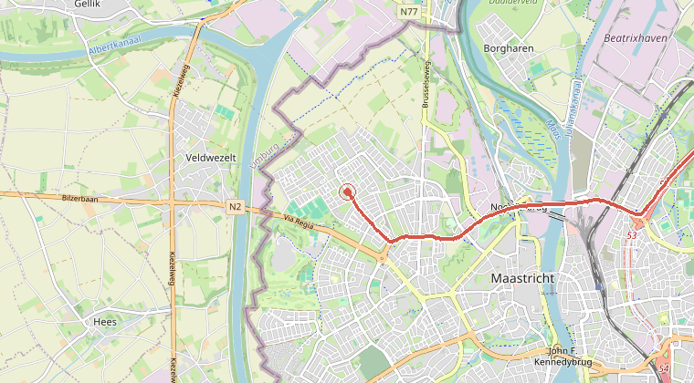 Kaart van de omgeving van de melding, met de kazerne die is gealarmeerd