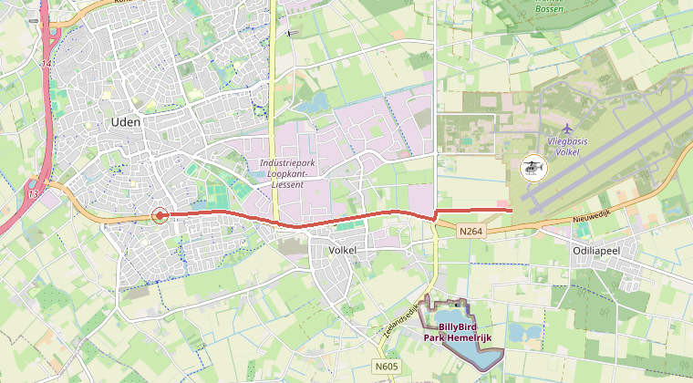 Kaart van de omgeving van de melding, met de kazerne die is gealarmeerd