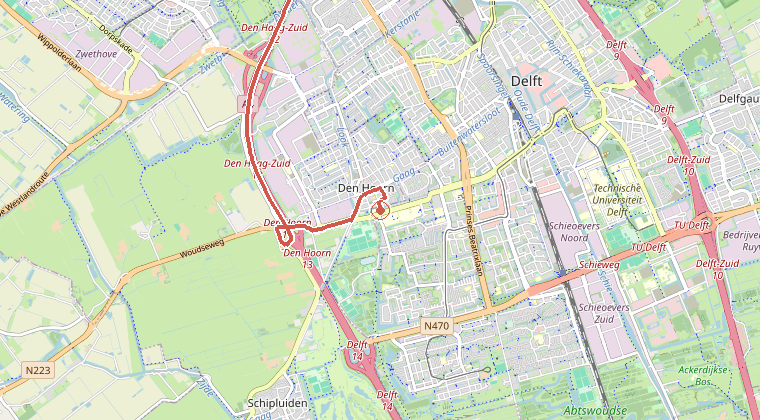 Kaart van de omgeving van de melding, met de kazerne die is gealarmeerd