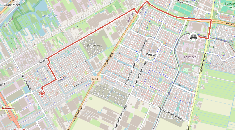 Kaart van de omgeving van de melding, met de kazerne die is gealarmeerd