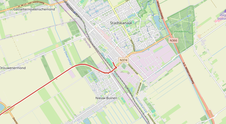 Kaart van de omgeving van de melding, met de kazerne die is gealarmeerd