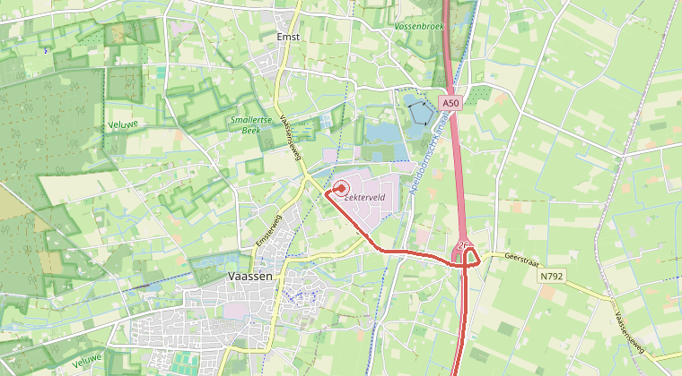 Kaart van de omgeving van de melding, met de kazerne die is gealarmeerd