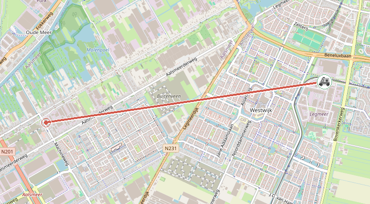 Kaart van de omgeving van de melding, met de kazerne die is gealarmeerd