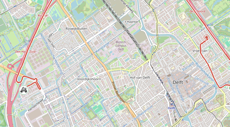 Kaart van de omgeving van de melding, met de kazerne die is gealarmeerd