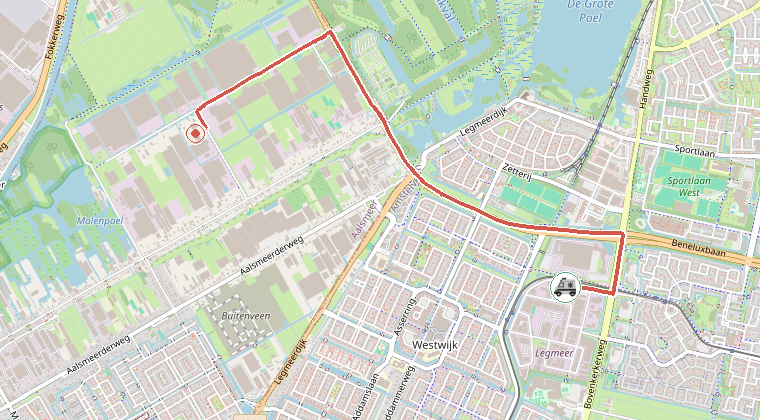 Kaart van de omgeving van de melding, met de kazerne die is gealarmeerd
