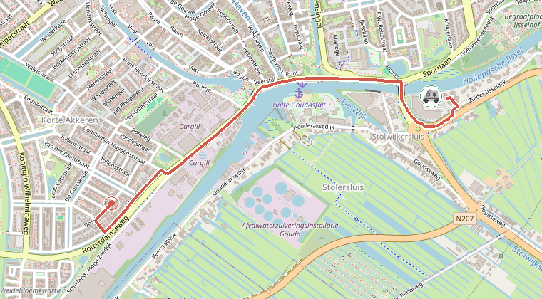 Kaart van de omgeving van de melding, met de kazerne die is gealarmeerd