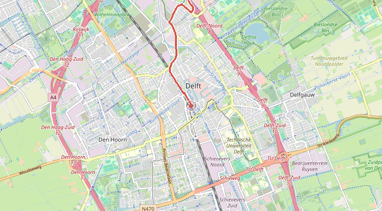 Kaart van de omgeving van de melding, met de kazerne die is gealarmeerd