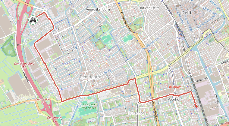 Kaart van de omgeving van de melding, met de kazerne die is gealarmeerd