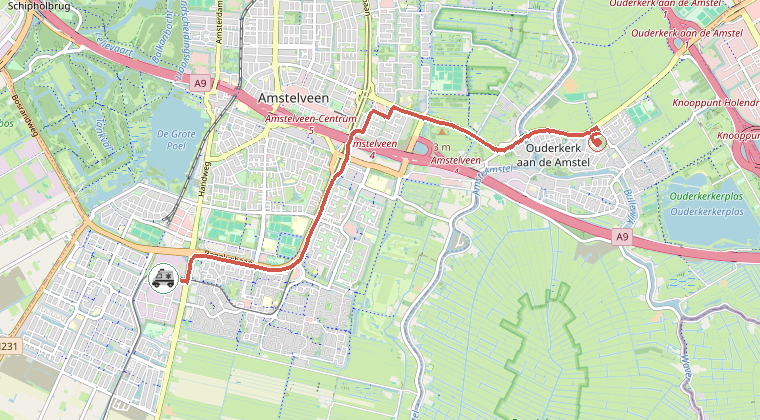 Kaart van de omgeving van de melding, met de kazerne die is gealarmeerd
