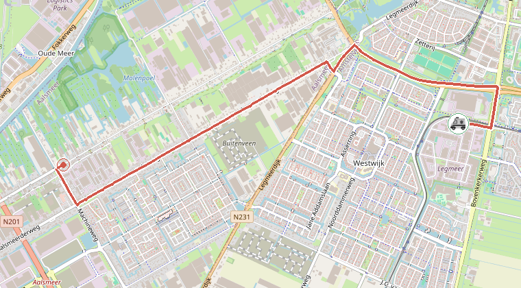 Kaart van de omgeving van de melding, met de kazerne die is gealarmeerd