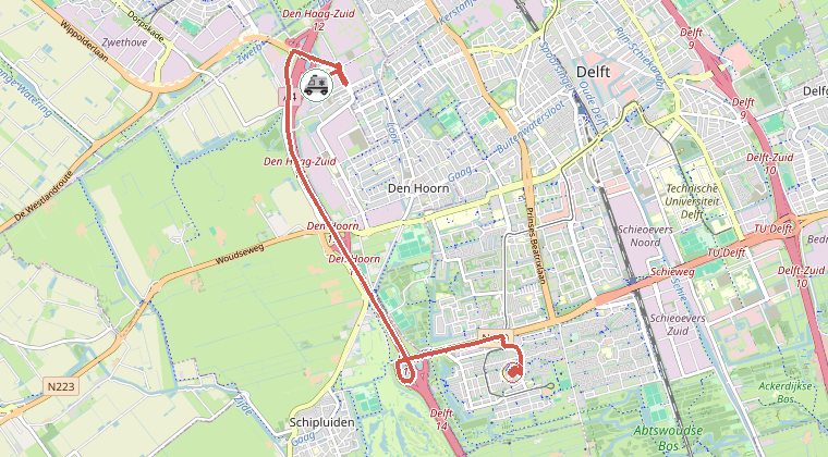 Kaart van de omgeving van de melding, met de kazerne die is gealarmeerd
