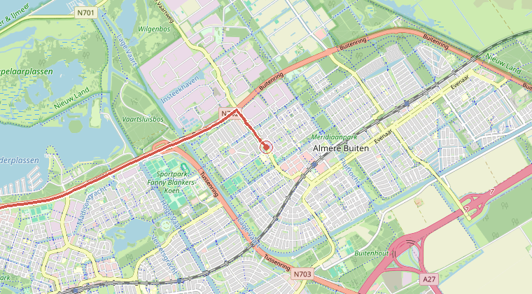 Kaart van de omgeving van de melding, met de kazerne die is gealarmeerd