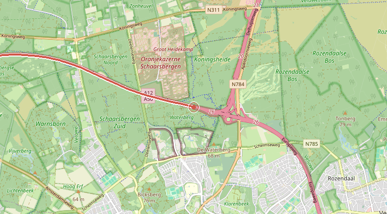 Kaart van de omgeving van de melding, met de kazerne die is gealarmeerd