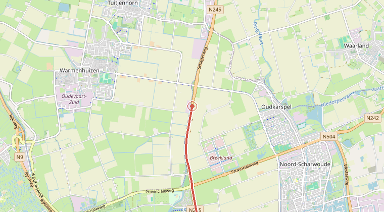 Kaart van de omgeving van de melding, met de kazerne die is gealarmeerd